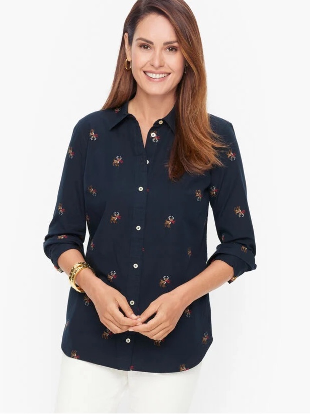 Talbots women navy blue button-down shirt holiday reindeer metallic winter large